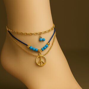 Anklet Boho Peace Sign with Matching Toe Ring – Blue Beaded & Gold - Jewelry set